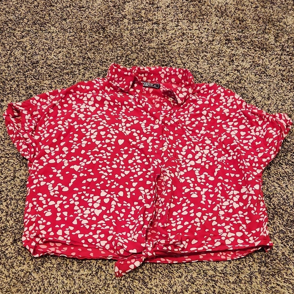 Women's M Heart Print Button-Up Blouse Y2K  Bohemian Vintage Vibe Grunge Glam